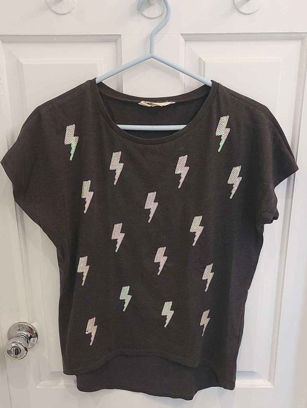 H&M Black Short Sleeve Tee with Iridescent Lightning Bolts